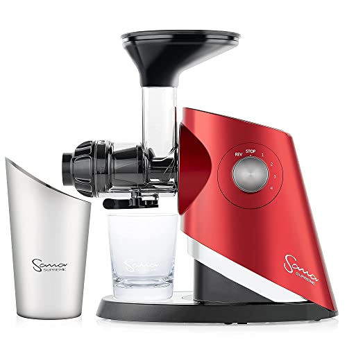 SANA 727 SUPREME JUICER 15 YEAR Warranty Made in KOREA Brushless DC 24 Hour Motor Low-Speed Masticating Juicer 4 Variable Speeds 40 120 RPM Large Capacity, 132 Page Recipe Book, Juice, Milk, Butters, Spreads, Desserts US Voltage (Red)