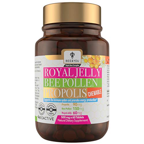 BEE and You Royal Jelly + Propolis + Bee Pollen Chewable Tablets - High Potency - No Artificial Flavor - No Preservatives - No Added Sugar- No Soy/Milk/Gelatin/GMO – Gluten Free, 500 mg x 60 Tablets