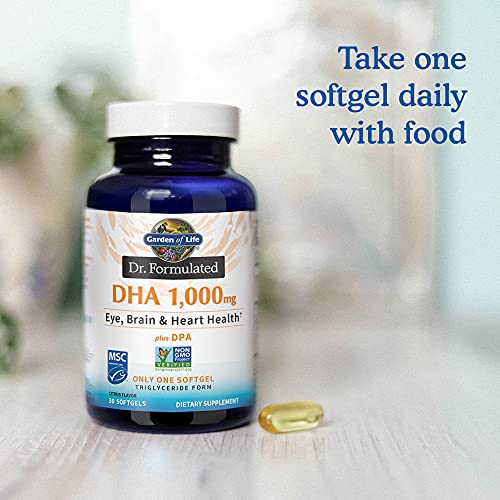 Garden of Life Dr. Formulated Once Daily 1000mg DHA Fish Oil + DPA in Triglyceride Form Softgels, Single Source Omega 3 Supplement for Ultimate Eye, Brain & Heart Health, Lemon, 30 Count