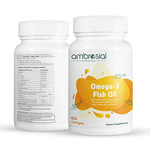 Ambrosial Omega 3 Fish Oil 1000mg | Omega 3 Fatty Acid Capsules with 180 mg EPA 120 mg DHA - 60 Softgels | Omega 3 Fish Oil Supplements for Women and Men.