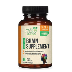 Brain Support Supplement Extra Strength Nootropics 1000mg - Made in USA - Natural Support for Memory, Focus, Concentration, and Clarity with Bacopa Monnieri for Men and Women - 60 Capsules