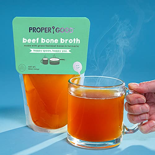 Beef Bone Broth - 12oz 4 pack by Proper Good - Organic, Grass Fed, Turmeric, Collagen, Protein, Keto & Paleo Friendly, Shelf Stable, No Refrigeration Required - 12oz Pack of 4