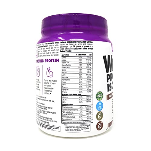 Bluebonnet Nutrition Whey Protein Isolate Powder, Whey From Grass Fed Cows, 26g of Protein, No Sugar Added, Non GMO, Gluten Free, Soy free, kosher Dairy, 1 Lb, 14 Servings, Chocolate Flavor