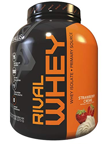 Rivalus Rival 100% Whey Protein Isolate Primary Source, Strawberry, Clean Nutritional Profile, BCAAs, No Banned Substances, Made in USA, Orange and Black Container, 80 Oz