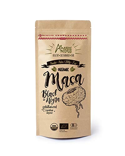 Amazon Andes Black Maca Root Powder - 7 Ounce (40 Servings) - Organic USDA Certified - Gelatinized - Vegan - NO GMO