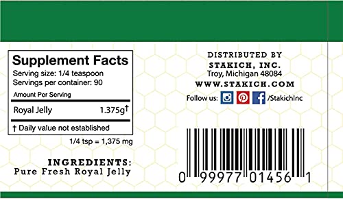 Stakich Fresh Royal Jelly - Pure, All Natural - No Additives/Flavors/Preservatives Added - 4 Ounce (114 Gram)
