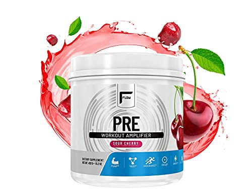 Flow Supplements, Natural Pre-Workout Powder Sour Cherry, Naturally Flavored and Sweetened, Workout Amplifier, Pump, Vaso, Endurance, Focus, Energy, Fully Dosed - 30 Servings