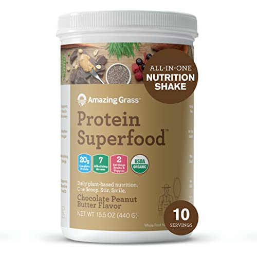 Amazing Grass Protein Superfood: Vegan Protein Powder, All-in-One Nutrition Shake, with Beet Root Powder, Chocolate Peanut Butter, 10 Servings (Old Version)