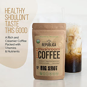 La Republica Organic Decaf Mushroom Coffee with 7 Superfood Mushrooms, Great Tasting Instant Coffee Mix Includes Lion's Mane, Reishi, Chaga, Cordyceps, Shiitake, Maitake, and Turkey Tail (Big Shot)