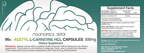 Acetyl L-Carnitine Capsules | 500mg | 90 Count | HCL Form | Energy Supplement | Supports Mitochondrial Function | ALCAR HCL