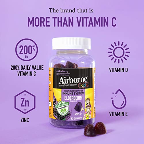 Airborne Elderberry + Zinc & Vitamin C Gummies For Kids, Immune Support Zinc Gummies with Powerful Antioxidants Vit C D & E - (50 count bottle), Delicious Elderberry Flavor