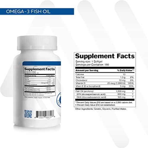 Anew Vita Omega-3 Fish Oil Supplement. Maintains Cardiovascular Health, Healthy Joints, Brain Health. 1300mg. 180 Softgels