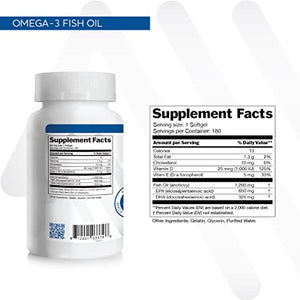 Anew Vita Omega-3 Fish Oil Supplement. Maintains Cardiovascular Health, Healthy Joints, Brain Health. 1300mg. 180 Softgels