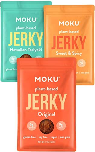 Moku Plant-Based Mushroom Jerky (3 Pack) Vegan Jerky, Gluten-Free, Soy-Free, Non-GMO Vegan Snacks, Vegan Meat No Artificial Sweetener Vegan Food, 2 oz ea - Variety