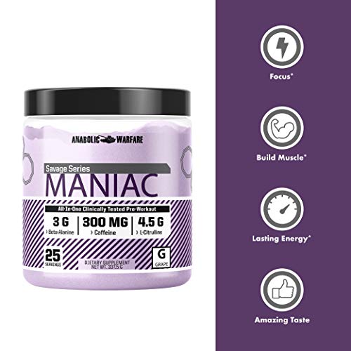 Maniac Pre Workout Powder by Anabolic Warfare – Preworkout Mix to BoostFocus & Energywith Caffeine, Beta Alanine, Lions Mane Mushroom, L Citrulline Powder and Creatine (Grape - 25 Servings)