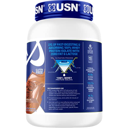 USN Supplements Zero Carb IsoPro 100% Whey Protein Isolate Powder - Keto Friendly, Sugar Free and Low Calorie, Chocolate, 1.7 Pounds