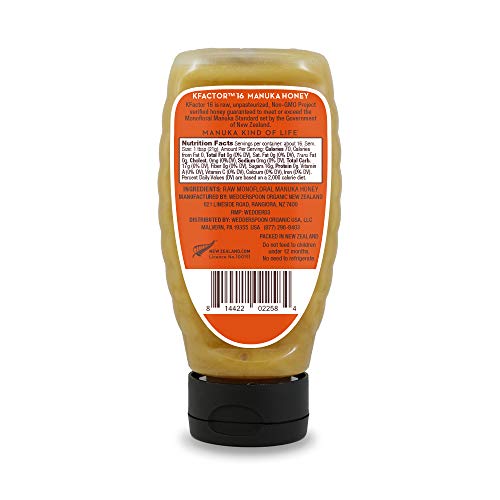 Wedderspoon Raw Manuka Honey, Unpasteurized, Genuine New Zealand Honey, Multi-Functional, Non-GMO Superfood, Convenient Squeeze Bottle, KFactor 16, 12 Ounce