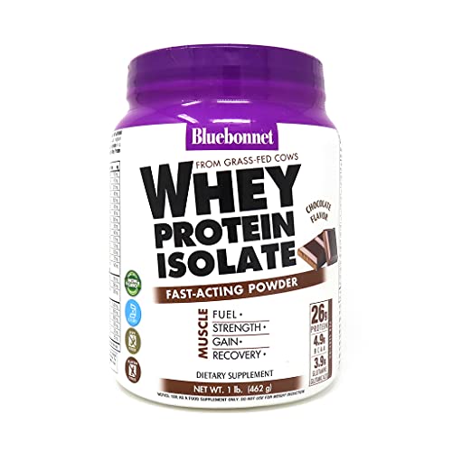 Bluebonnet Nutrition Whey Protein Isolate Powder, Whey From Grass Fed Cows, 26g of Protein, No Sugar Added, Non GMO, Gluten Free, Soy free, kosher Dairy, 1 Lb, 14 Servings, Chocolate Flavor