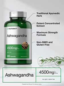 Ashwagandha Capsules 4500mg | 200 Count | with Black Pepper | Gluten Free Root Extract | by Horbaach