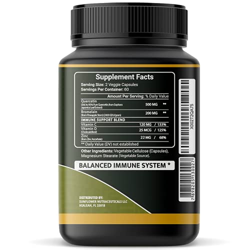Quercetin with Vitamin C and Zinc - Quercetin with Bromelain - Quercetin 500mg - Zinc Quercetin - 120 Veggie Caps - Quercetin Supplements + Vitamin D3 - (Non-GMO, Gluten-Free, Vegan) 2 Month Supply