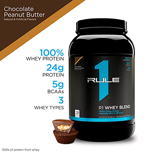 Rule One Proteins, R1 Whey Blend- Chocolate Peanut Butter, 24g Fast-Acting Whey Protein Concentrates, Isolates, & Hydrolysates Per Serving, With Naturally Occurring EAAs & BCAAs, 2 Pounds, 28 Servings