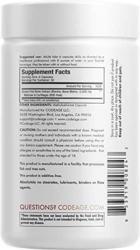 Codeage Grass Fed Bone Marrow Supplement - Freeze Dried, Non-Defatted, & Desiccated Beef Bone Marrow Pills - Raw Whole Bone Marrow, Bone Matrix, Cartilage - 3000mg per Serving - 180 Capsules