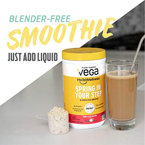 Vega Hello Wellness Spring in Your Step Blender Free Smoothie 14 Servings oz Plant Based Vegan Protein Powder 100mg Caffeine Vitamin D, Energy - Vanilla Cappuccino, 13.8 Ounce