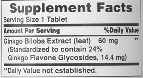 Puritans Pride Ginkgo Biloba Standardized Extract 60 mg Tablets, 120 Count