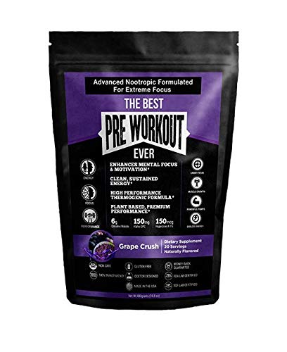 The Best Pre Workout Ever All Natural Nootropic Preworkout Powder - Clean Energy Boost Focus & Strength - Muscle Builder Supplement for Men & Women - Keto Friendly Plant Based & Grape Crush…