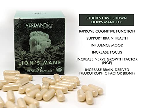 Verdant Leaf Organic Lions Mane Mushroom Supplement – Improves Memory, Recall, Concentration, Mood, Energy, Clarity & Creativity, Immune Boosting, Non-GMO, Vegan, Gluten Free - 60 Capsules