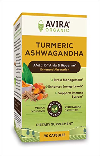 Avira Organic Turmeric Ashwagandha, Super Fusion with Amla, Curcumin & Bioperine, Helps Support Occasional Stress Management, Energy Level & Immune System, Vegan, Non-GMO, Yellow, 90 Count