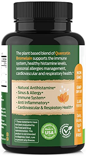 Quercetin 500mg with Bromelain, Vitamin C and Stinging Nettle – Advanced Sinus and Allergy Supplement – Natural Vegetable Capsules – Non GMO, Dairy, Gluten, Egg and Nut Free - by ForestLeaf (180)