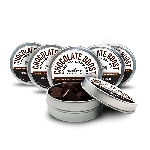 Southeast Chocolates Boost Bites - Sugar-Free Dark Chocolate Bites – Sugar Free with Maca Root Extract and Coffee to Support Physical Endurance and Memory Concentration – Vegan, Dairy-Free. Soy-Free and All Natural (Small Tin 6 Pack/9 Bites ea.)