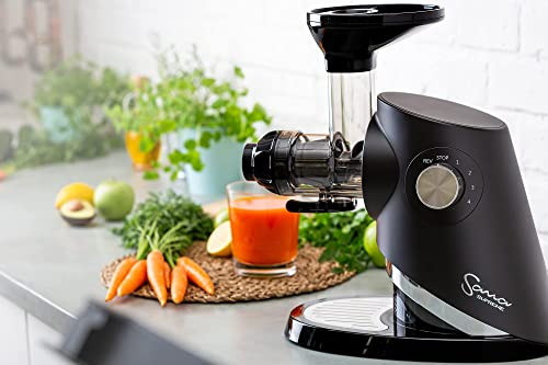 SANA 727 Supreme Slow Juicer Low Speed Masticating Juicer Extractor 4 Variable Speeds 120 RPM Large Capacity for Fruits and Vegetables, Milks, Butters Includes 132 Page Recipe Book US Voltage, Black