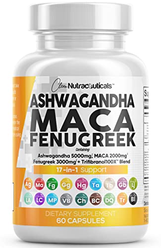 Ashwagandha Maca Root Fenugreek Supplement with Tongkat Ali Ginseng - Assists with Stress, Mood & Adrenal Health - Ashwagandha Capsules Maca Pills Fenugreek Caps Made in USA - 60 Count