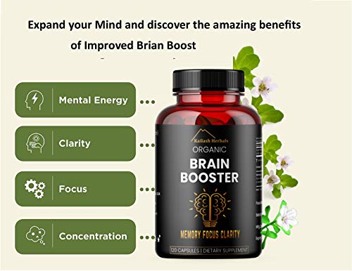 Bacopa, Kailash Herbals Organic Brain Booster, Nootropic Brain Supplement, Bacopa Monnieri/Brahmi, for Mental Sharpness, Focus, Memory, and Cognitive Wellness, 120 Capsules 500mg, 2 Month Supply