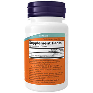 Now Foods Supplements, Zinc (Zinc Gluconate) 50 mg, Supports Enzyme Functions, Immune Support, 100 Tablets, Yellow/Gold