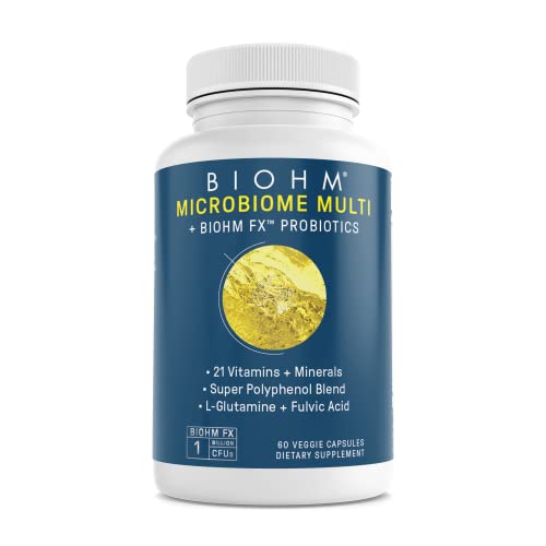 BIOHM Microbiome Multi + Probiotics - 21 Vitamins & Minerals, Green Tea, Glutamine, Antioxidants- 60ct/30 Servings for Men and Women - Non-GMO, Gluten Free, Vegetarian