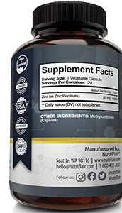 NutriFlair Zinc Picolinate 50mg, 120 Capsules - Maximum Absorption Zinc Supplement Pills - Immune System Booster, Immunity Defense, Powerful Non-GMO Antioxidant - Compare to gluconate, Citrate, Oxide
