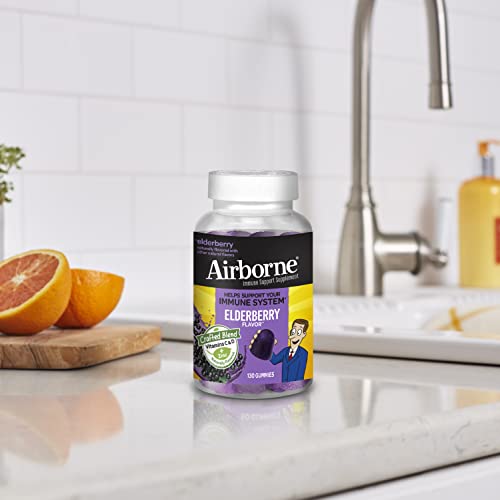 Airborne Elderberry + Zinc & Vitamin C Gummies For Adults, Immune Support Zinc Gummies with Powerful Antioxidants Vit C D & E - (130 count bottle), Delicious Elderberry Flavor