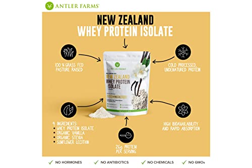 Antler Farms - 100% Grass Fed New Zealand Whey Protein Isolate, Vanilla Flavor, 30 Servings, 2 lbs - Delicious, Cold Processed, Rapidly Absorbed, Keto Friendly, NO-Hormones, NO-GMOs