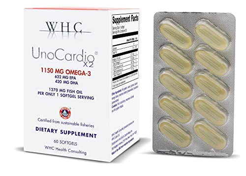 WHC, UnoCardio X2 Fish Oil (60 Softgels), Triglyceride Omega-3 Fatty acids - 1270 mg Fish Oil Supplement (622 mg EPA / 420 mg DHA/Total 1150 mg of Omega-3 per Serving)