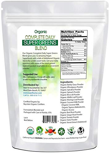 Organic Super Greens Blend - Complete Daily Superfood Formula - Barley Grass + Wheatgrass + Spirulina + Spinach + Broccoli + Alfalfa + Moringa & More - Non GMO, Vegan, Gluten Free, Kosher - 14 Ounces