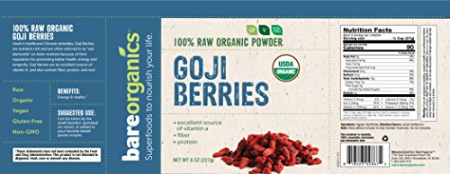 BareOrganics Sun Dried Goji Berries, Organic, Superfood, 8 Oz