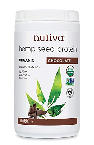 Nutiva Organic Cold-Pressed Raw Hemp Seed Protein Powder, Chocolate, 16 O, USDA Organic, Non-GMO, Whole 30 Approved, Vegan, Gluten-Free & Keto, Plant Protein with Essential Amino Acids