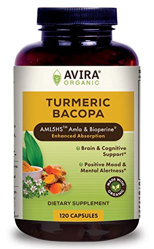 Avira Organic Turmeric Bacopa - Super Fusion with Amla, Curcumin & Bioperine, Support Positive Mood, Cognitive & Mental Alertness, Enhanced Absorption, Vegan, Non-GMO, Max Strength-1462mg Per Day