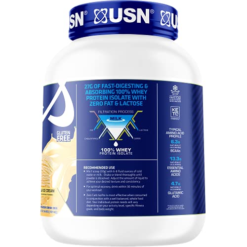 USN Supplements Zero Carb IsoPro 100% Whey Protein Isolate Powder - Keto Friendly, Sugar Free and Low Calorie, Vanilla, 4 Pounds