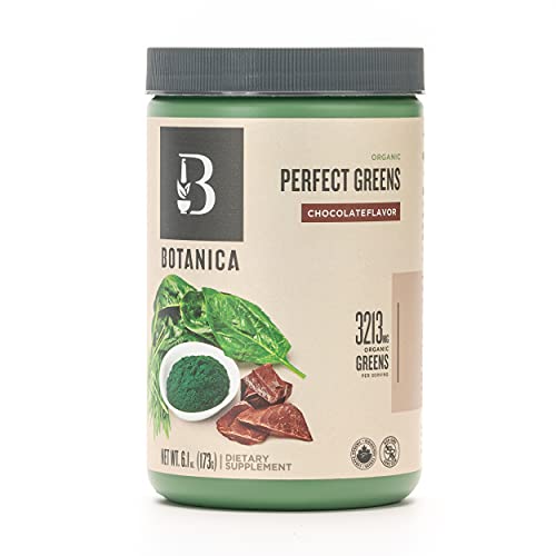 Botanica Organic Chocolate Greens Superfood Powder with Spirulina, Chlorella, Barley, Wheat Grass & Cocoa (27 Servings), No Dairy, Gluten, Soy, Stevia or Added Sugar, Premium Whole Food Ingredients