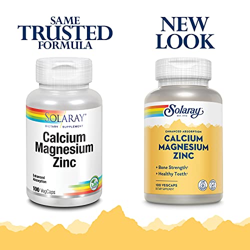 Solaray Calcium, Magnesium, Zinc | High Absorption with Glutamic Acid | Healthy Bones, Teeth, Nerve, Muscle, Heart & Immune Function Support | 100ct