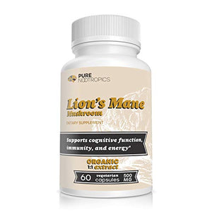 Pure Nootropics - Lion's Mane Mushroom 500 mg Capsules | 60 Veggie Caps | Superior Organic Sourcing | Brain Health | in House & Rigorous 3rd Party Testing for Higher Purity & Potency